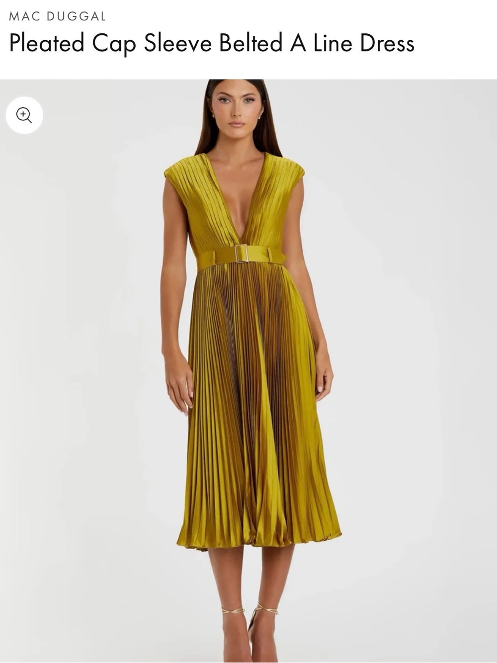 Mac Duggal Olive Gold Pleated V-Neck Belted Midi Dress Size 6